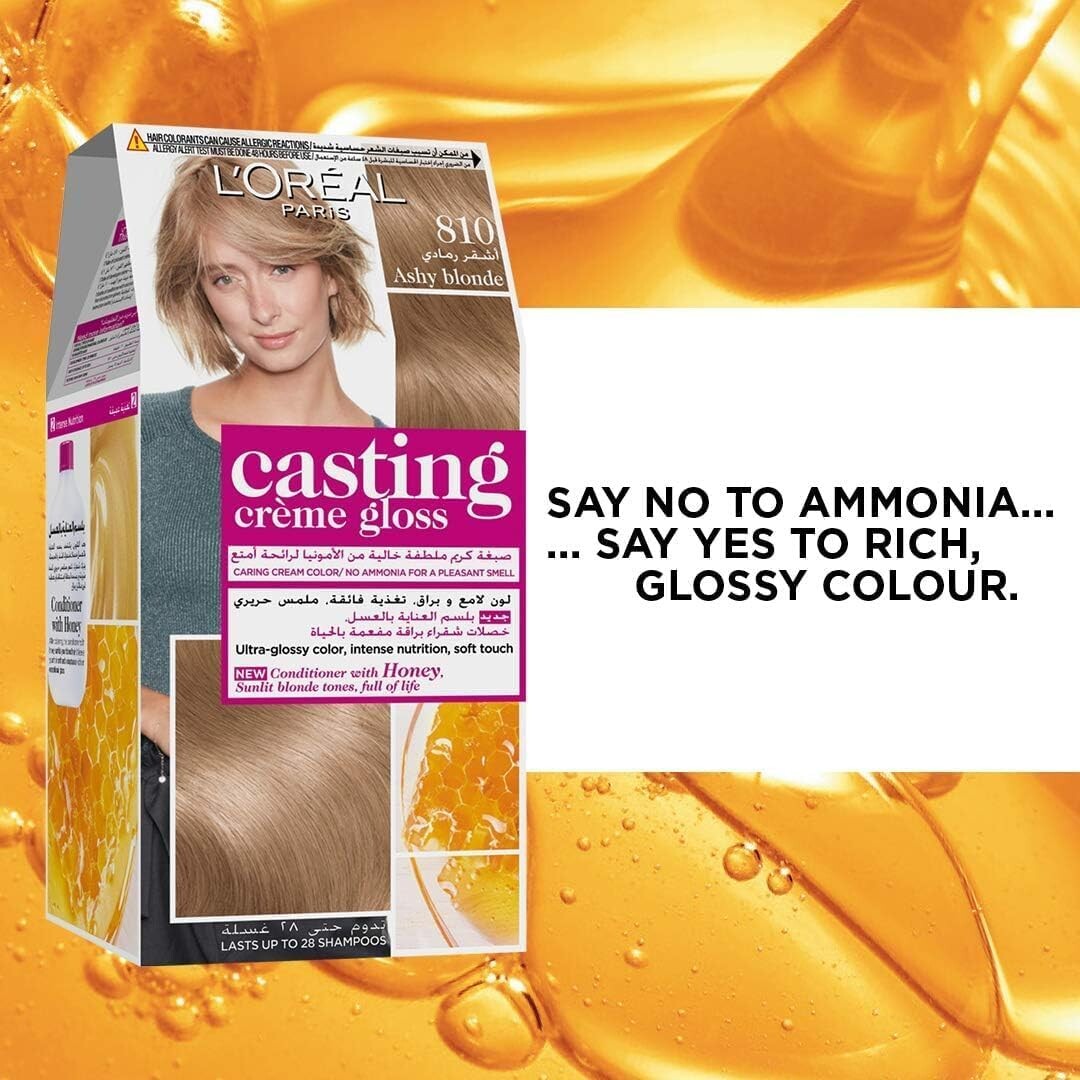 L’Oréal Paris Casting Crème Gloss No-Ammonia Conditioning Hair Colour, 810 Ashy Blonde, Glossy Natural-Looking Colour, Packaging May Vary