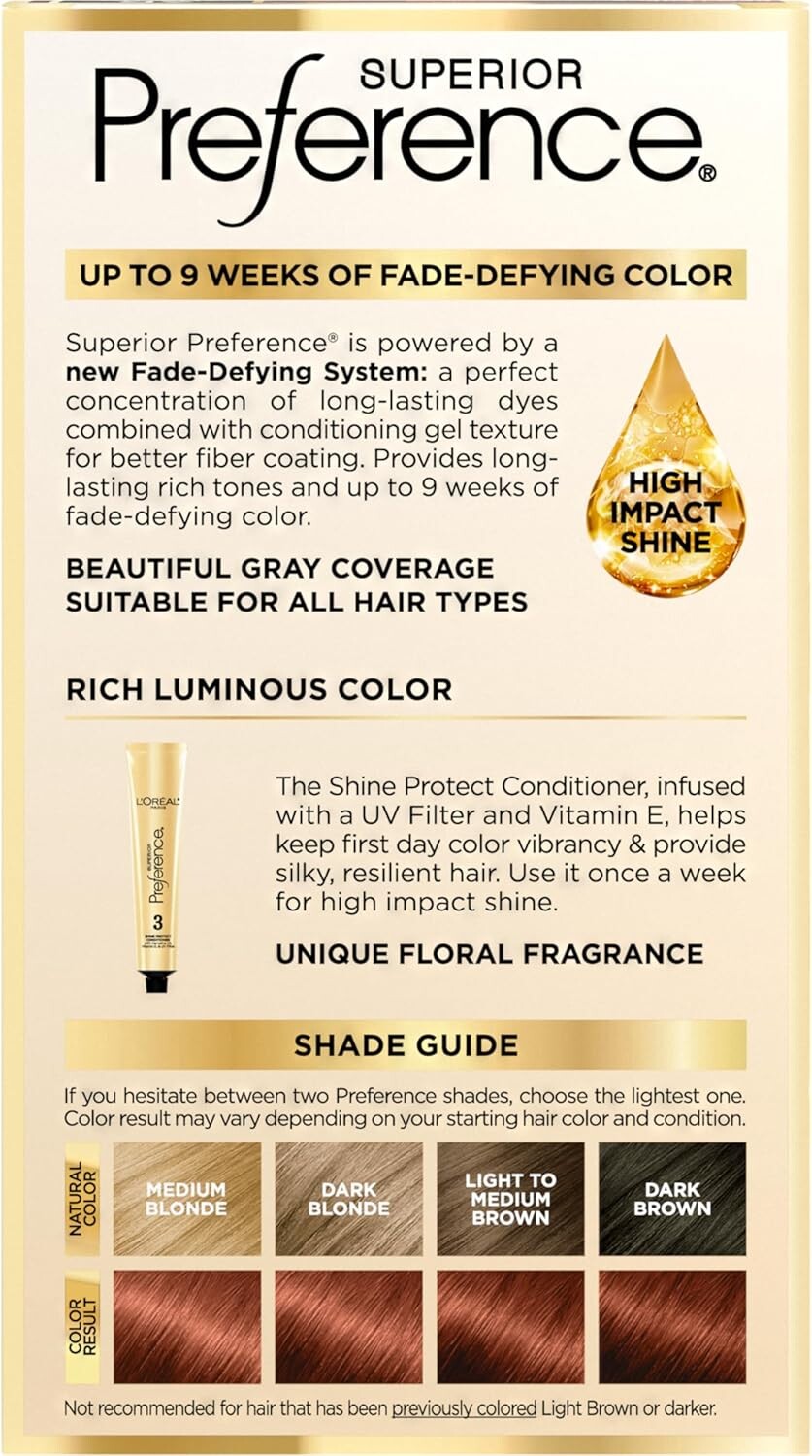 L’Oréal Paris Superior Preference Permanent Hair Color, 6R Light Auburn, Fade-Defying Colour with High-Shine Finish
