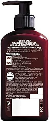 L’Oréal Paris Men Expert Barber Club 3-in-1 Beard, Hair & Face Wash with Cedarwood Essential Oil and Peppermint Extract, 200 ml, Pack of 2