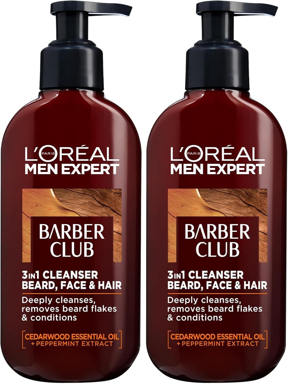 L’Oréal Paris Men Expert Barber Club 3-in-1 Beard, Hair & Face Wash with Cedarwood Essential Oil and Peppermint Extract, 200 ml, Pack of 2