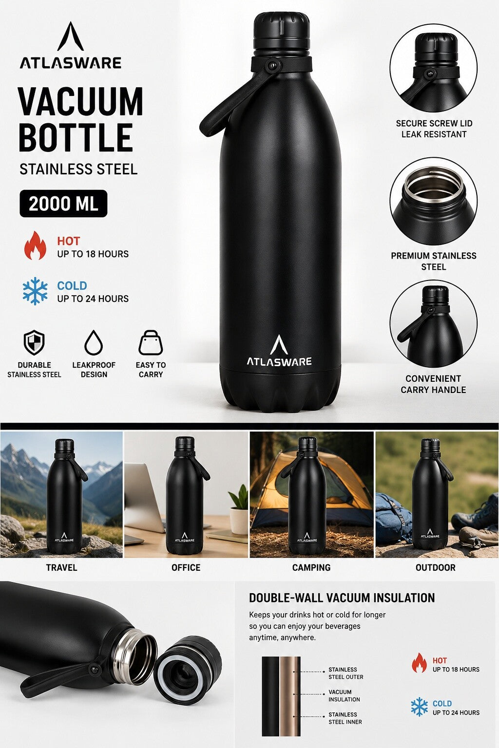 Atlasware Stainless Steel Vacuum Bottle with Carry Handle, Double-Wall Insulated and Leakproof, Black, 2000 ml