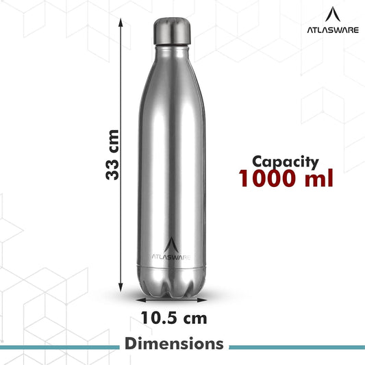 Atlasware Hot and Cold Vacuum Food-Grade Mould-Free Stainless Steel Water Bottle, Grey, 1000 ml