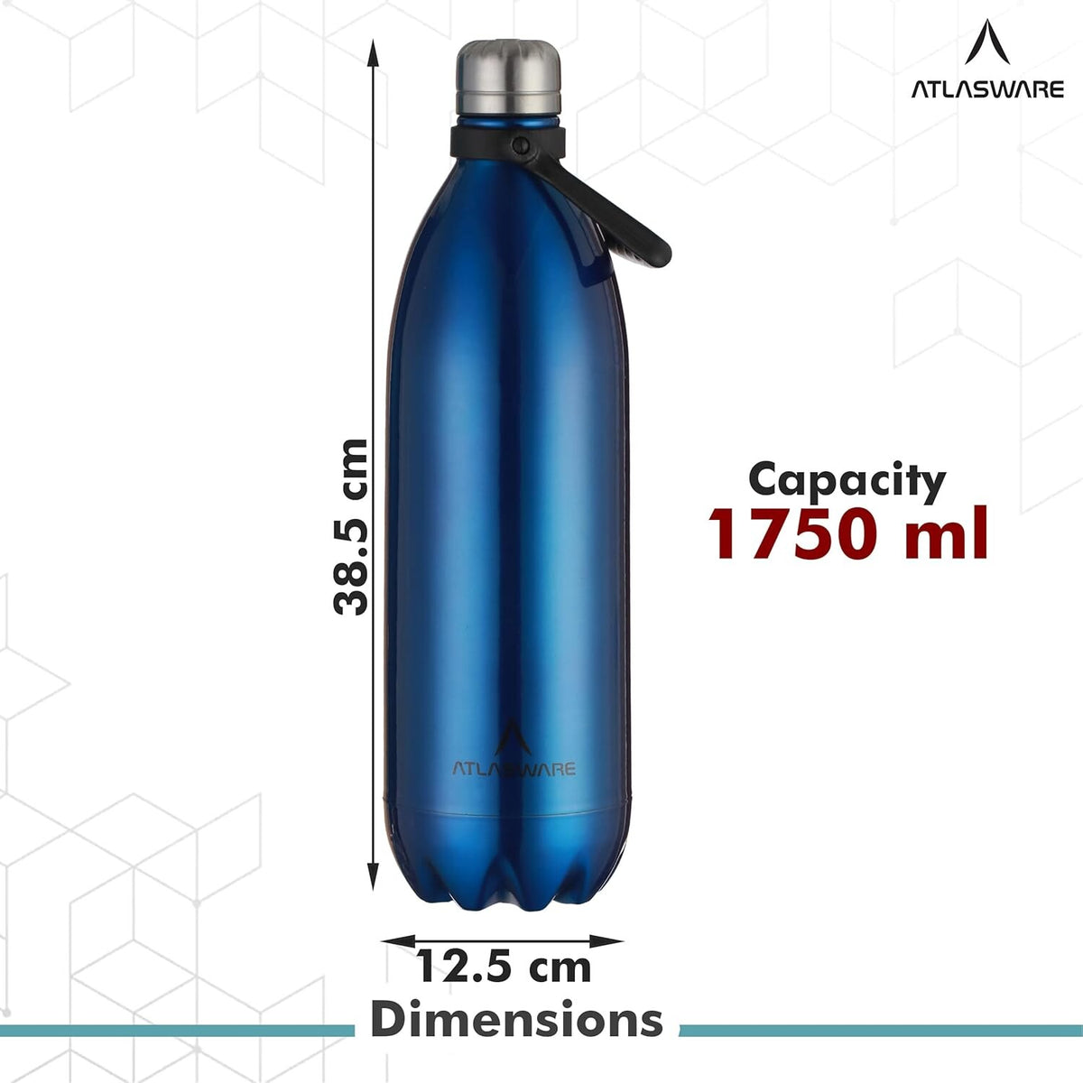 Atlasware Stainless Steel Vacuum Bottle with Carry Handle, Double-Wall Insulated and Leak-Resistant, Dark Blue, 1750 ml
