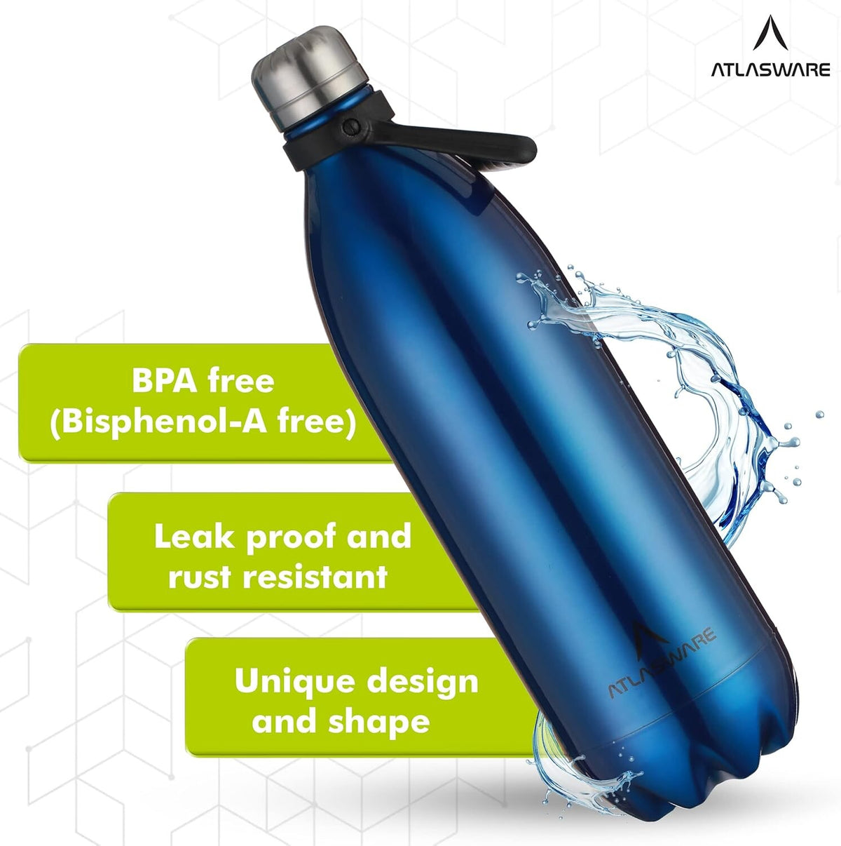 Atlasware Stainless Steel Vacuum Bottle with Carry Handle, Double-Wall Insulated and Leak-Resistant, Dark Blue, 1750 ml