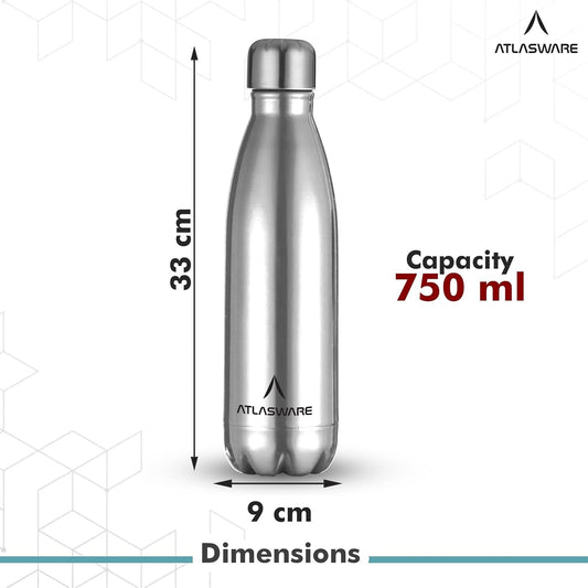 Atlasware Stainless Steel Hot & Cold Vacuum Bottle, Double-Wall Insulated and Leak-Resistant, Silver, 750 ml