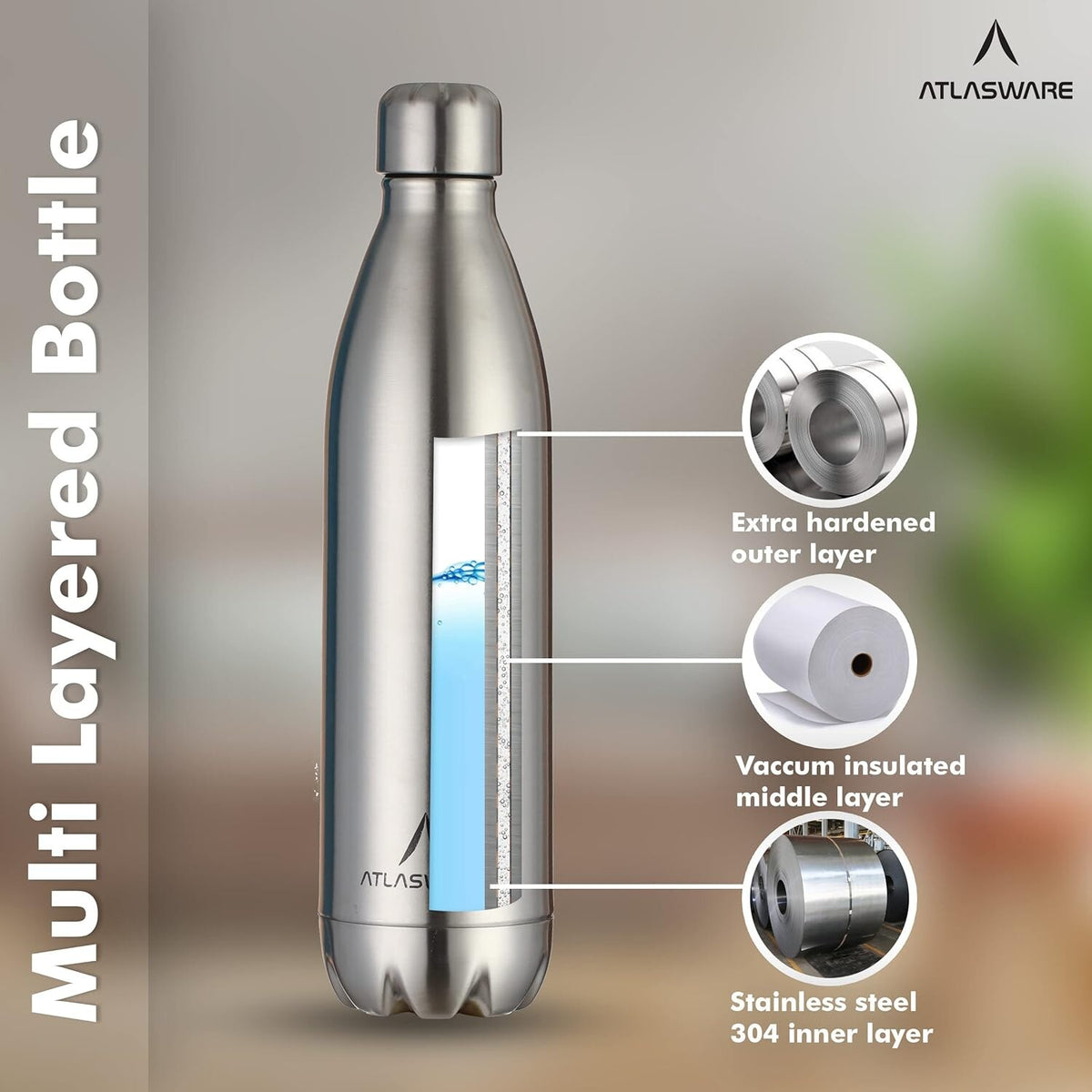 Atlasware Stainless Steel Hot & Cold Vacuum Bottle, Double-Wall Insulated and Leak-Resistant, Silver, 750 ml